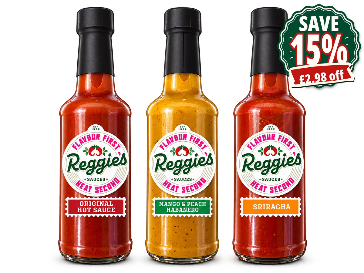 Reggies Original Hot, Mango & Peach Habanero and Sriracha hot sauce bottles, with a save 15% badge