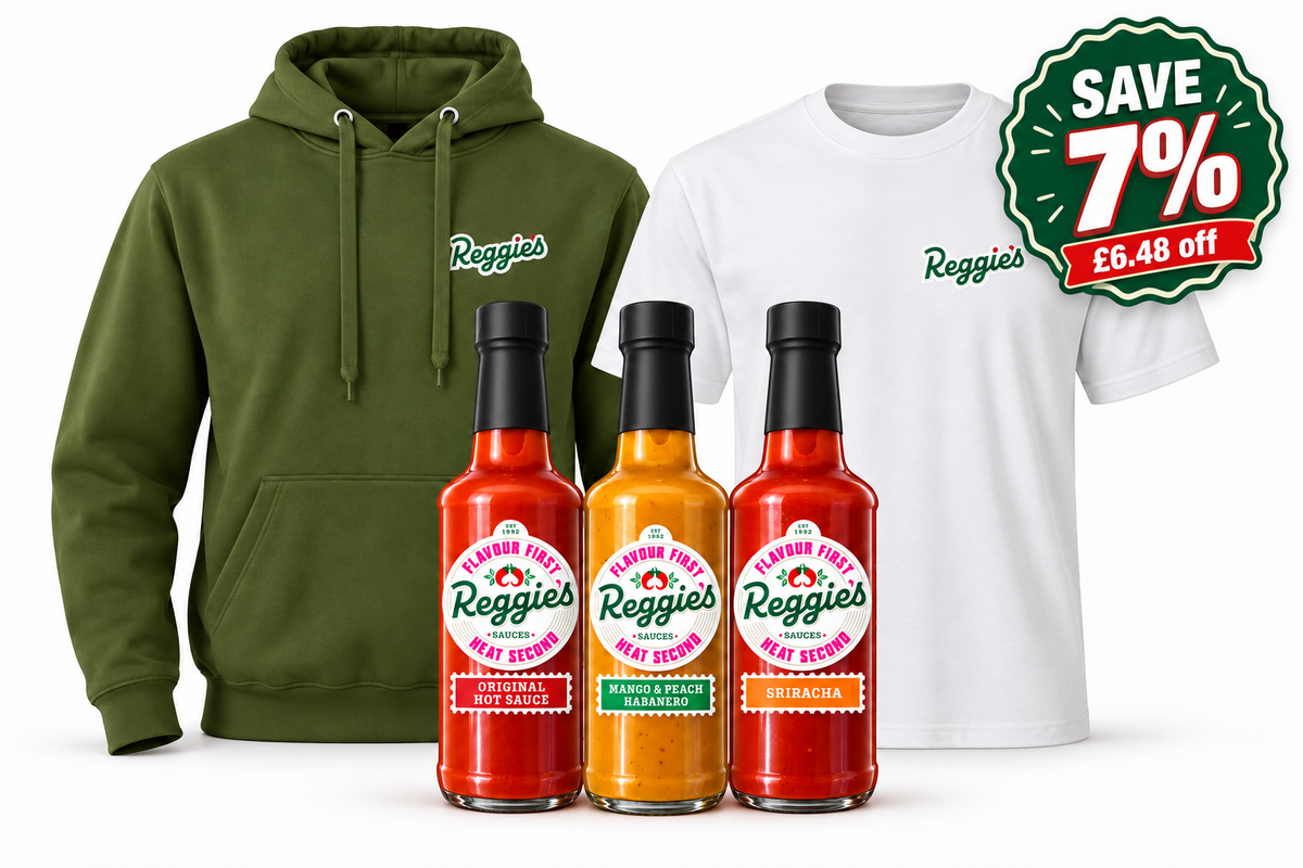 Reggies green hoodie, white T-shirt and three hot sauce bottles, with a save 7% badge