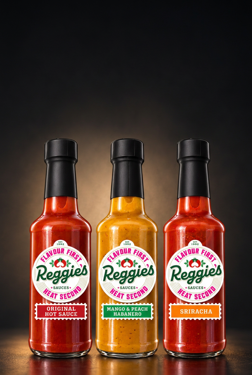Mobile hero image with Reggies bottles below space for text